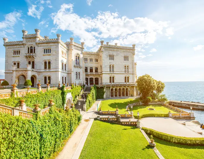 Miramare castle with gardens on the gulf of Trieste on northeastern Italy