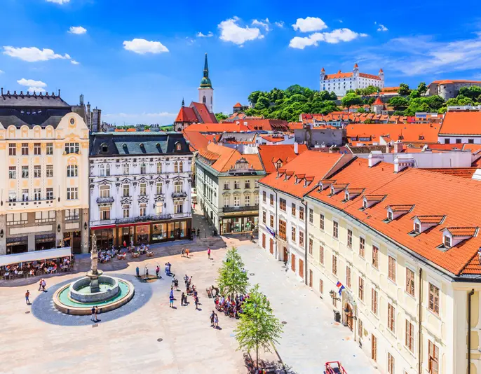 Bratislava, Slovakia. View of the Bratislava castle, main square and the St. Martin's Cathedral.