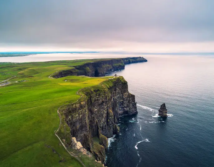 Aerial view of the scenic Cliffs of Moher in Ireland. This popular tourist attraction is situated in County Clare along the Wild Atlantic Way.