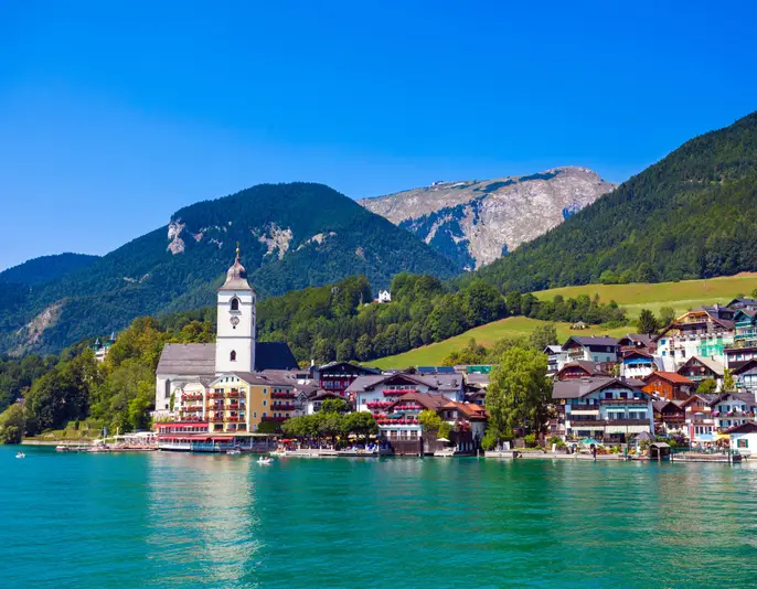 View of View of St. Wolfgang chapel and the village waterfront at Wolfgangsee lake, Austria